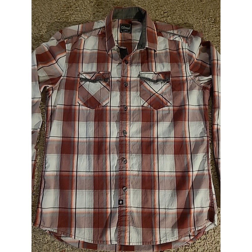 7 Diamonds Mens Plaid Long Sleeve Button Up Shirt Red Plaid Size Medium